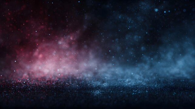 Abstract cosmic background with vibrant red and blue glowing particles and swirling atmospheric mist creating a dramatic and ethereal space scene
