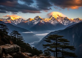 Snow capped mountains with golden light and clouds over a valley with a winding river below
