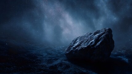 A solitary rock rests on a cosmic landscape under a starry misty sky