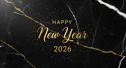 Happy New Year 2026 Golden Script on Luxurious Black Marble Background