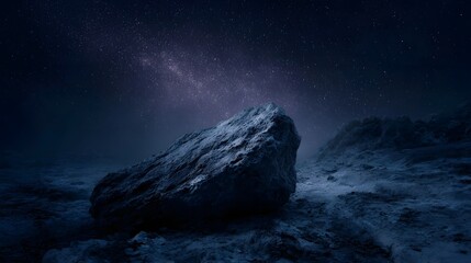 A textured ancient rock sits on a desolate cosmic landscape beneath a vibrant star strewn night sky displaying the Milky Way