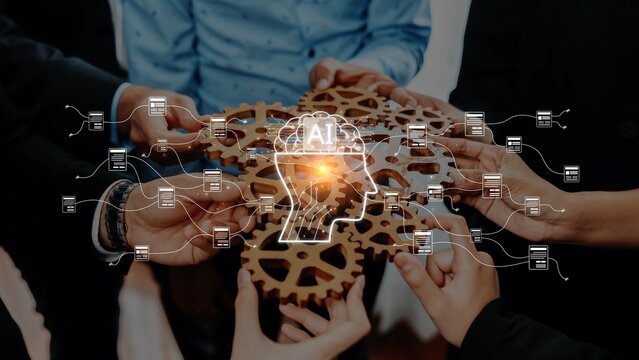 A dynamic image of hands holding a gear, illustrating a collaborative effort in technology and artificial intelligence, representing innovation and shared vision in a digital world. Raster - Powered by Adobe