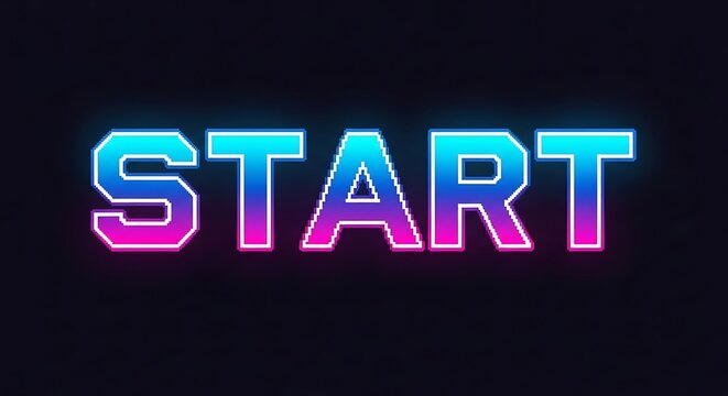 Dynamic START neon pixel text, retro gaming vibe