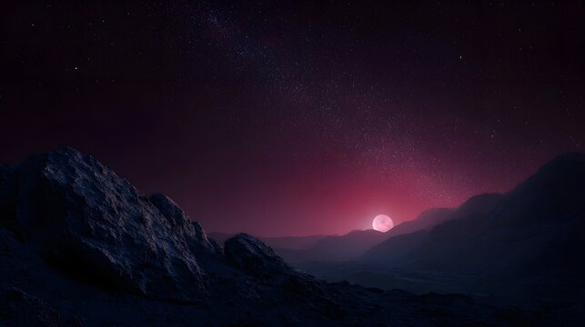 Pink celestial body rises over a barren alien landscape under a vast starry night sky