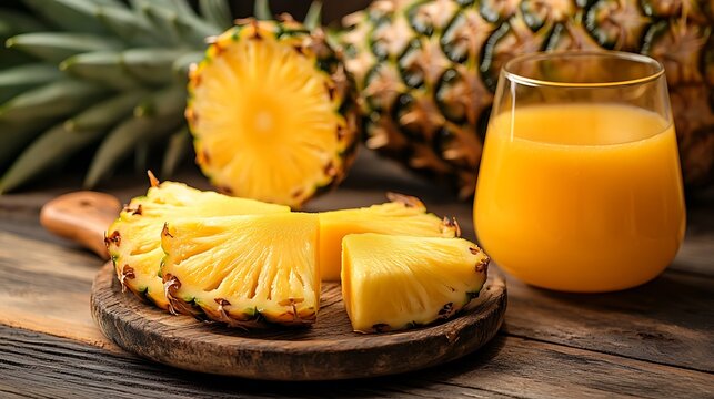 Sliced pineapple and juice located on the wooden background