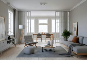 A living room with a gray sofa, chair, and table, with a dining room visible through glass doors