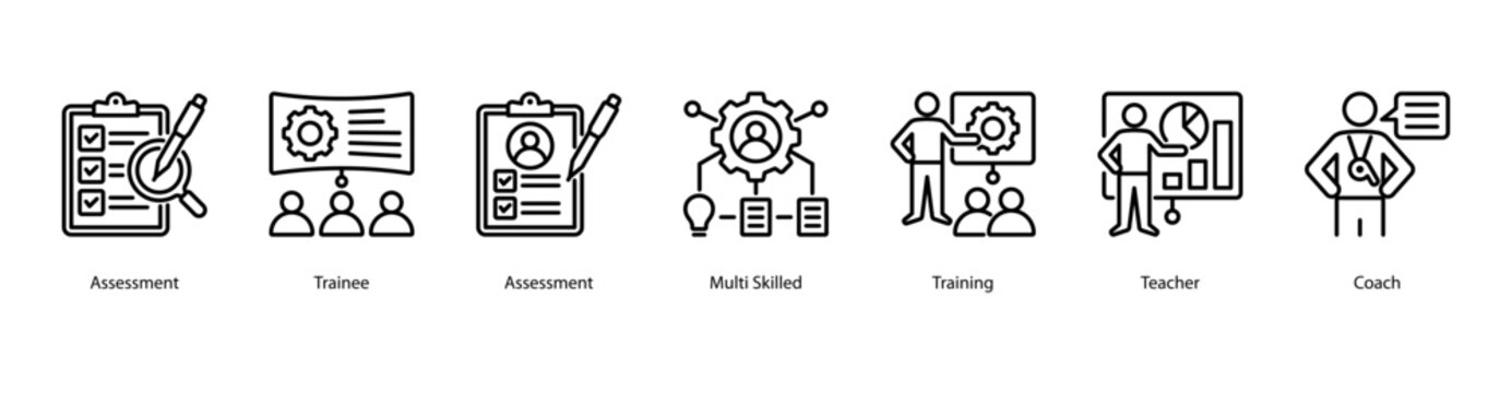 Skill Building Program web banner vector illustration featuring Assessment, Trainee, Multi Skilled, Training, Teacher, Coach, and Trainer. Ideal for professional growth materials.