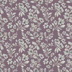 Watercolor floral pattern of hand-painted wildflowers and sprawling leaves tied with a sheer ribbon on a bright white silk background, created for wallpaper and fabric, illuminated with diffused	