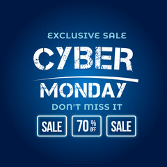 Fototapeta premium Cyber Monday Sale Banner With Disc Up to 70% off. Vector. Illustration. Exclusive Sale .Don't Miss It.