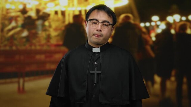 Young man dressed as priest stands outdoors at a fair, expression suggesting he just realized he forgot something, with colorful lights illuminating the bustling background.
