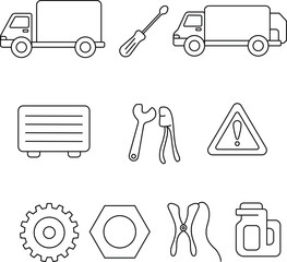 A comprehensive vector icon collection depicting essential elements of the automotive industry. The simple, black and white outline style is ideal for websites, mobile apps, infographics, service logo
