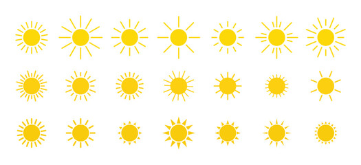 A set of sun icons. Yellow solar cells isolated on a white background, vector illustration, flat design, Bright glowing planets. Summer sunlight, energy, heat. Graphic symbol of the sun