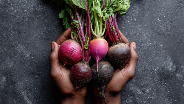Freshly harvested beetroots held in hands against a dark background