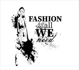 Beautiful young girl in stylish clothes. Fashion woman look. Sale concept. Hand-drawn fashion illustration.