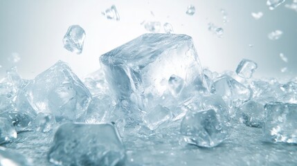 Fototapeta premium Lots of ice was piled on top of the ice, with one huge ice block in the middle and other small ice blocks around the big ice block. There were lots of small pieces of ice scattered around the big ones