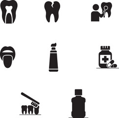 Dental Care and Oral Hygiene Icon Set: Tooth Health, Medicine, and Products