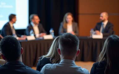 Executive Panel Discussion - Panelists at a business event with a blurred audience in the background. High quality