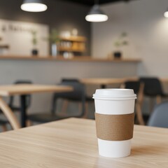 Paper coffee cup on a wooden table in a cafe, empty white and brown mock up cup for promotional and logo display. Template, banner or poster for ads with empty space.