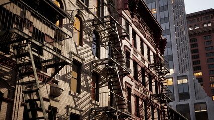 View of intricate fire escapes on historical buildings bathed in golden evening light. Tall skyscrapers contrast with vintage architecture, showcasing the citys dynamic urban landscape.