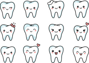 Cartoon teeth characters, dental health education, cute smiling tooth icons, children dentistry illustration, playful dental care design, orthodontic awareness graphics