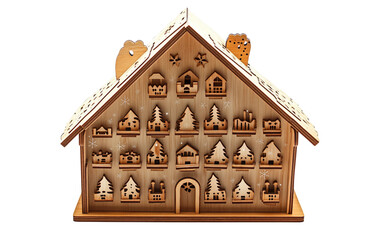 Festive Christmas wooden advent calendar shaped like a house countdown holiday collectible decorative ornament isolated on white background