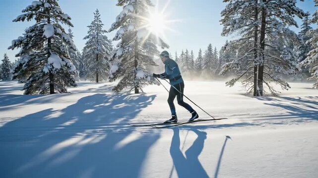 Cross-country skiing in a snowy forest on a bright winter day with sun rays.
