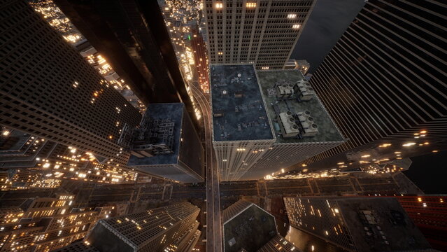 A breathtaking perspective from above reveals a bustling urban canyon, illuminated by countless city lights. The towering skyscrapers stretch skyward, showcasing a vibrant metropolis.