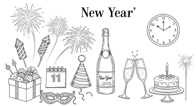 New year celebration with champagne and fireworks isolated on white background