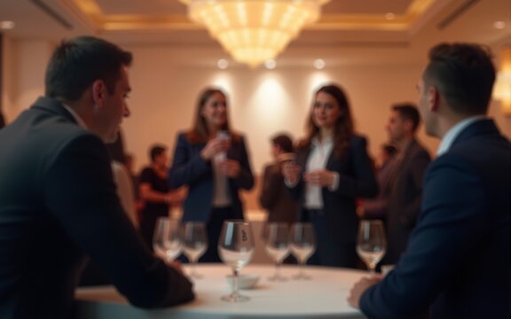 Blurred image of business professionals networking at a corporate banquet event, focus on business and entrepreneurship, ideal for business meetings, conferences, networking events, and professional g