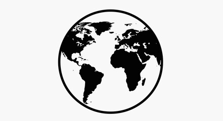 Bold black and white world map emblem inside a circle, representing global connection and international business opportunities.