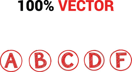 Five red letters a b c d f inside oval shapes on a white background