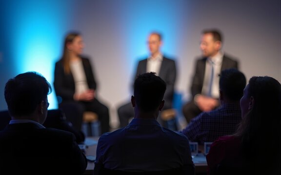 Executive Panel Discussion - Panelists at a business event with a blurred audience in the background. High quality