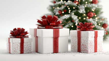 White three gift boxes with red ribbons under decorated Christmas tree with lights on blurred background and selective focus on the presents