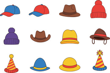 Colorful hats collection, baseball cap, fedora, beanie, cowboy hat, party hat, fashion accessories, headwear set, illustration, vector design