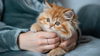 Realistic Close-Up of Fluffy Ginger Tabby Kitten Cradled in Hands with Soft Warm Lighting