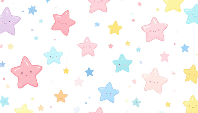 Cheerful, pastel-colored stars with faces floating on a solid black background, creating a whimsical & playful scene