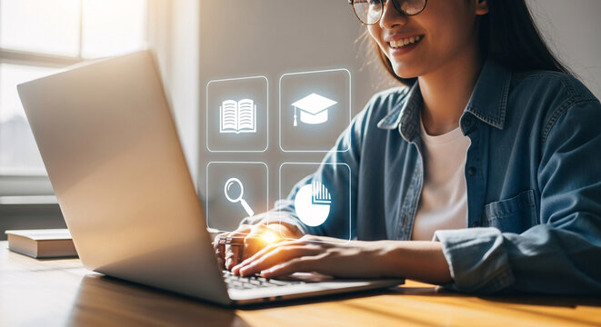 Woman Using Laptop with Glowing Network Icons