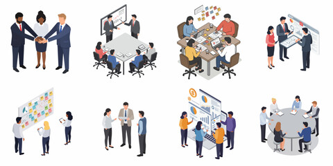 Isometric Detailed Business Meeting People in Office Collaboration Illustration Set