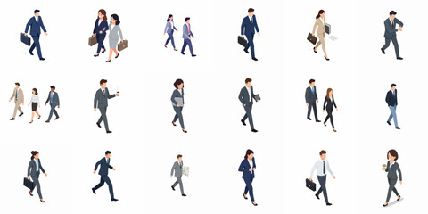 Simple Isometric Business People Walking Illustration in Various Actions Poses Style