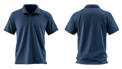 Navy polo shirt, front & back. Isolated on black