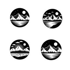 Four circular mountain landscape silhouettes with water and sky elements isolated on white background
