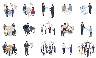 Isometric Detailed Businessman and Businesswoman Collaboration Meeting and Agreement Illustration