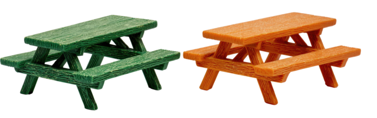 Two mini picnic tables, green and orange