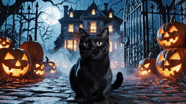 Black cat with illuminated pumpkins in a spooky setting
