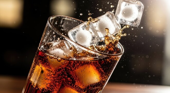 Close up of a glass with cola and ice cubes creating a splash effect - Powered by Adobe
