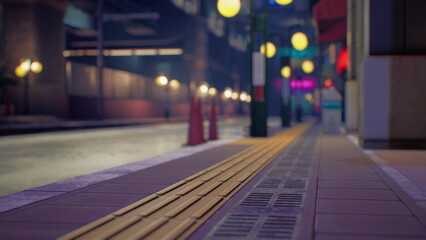 A serene city street showcases glowing lamps lining the path. Soft lights reflect on the pavement as vibrant storefronts peek through the dim twilight, setting a peaceful atmosphere for wandering.