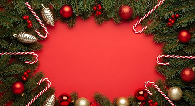 Christmas frame with ornaments and candy canes on red background