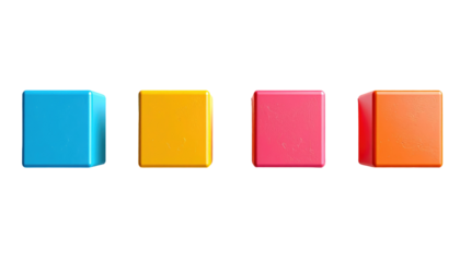 Four colorful, glossy cubes aligned in a row against a stark black background, creating a playful visual