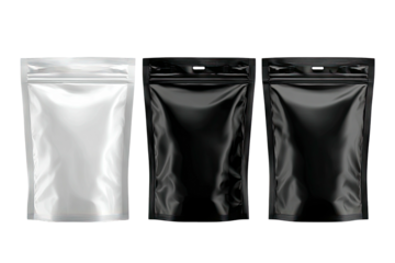 Three standing zipper pouches white, black, & black