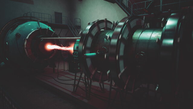 In a dimly lit laboratory, a powerful machine emits a vibrant energy beam, showcasing cutting edge technology. Engineers observe the equipments complex mechanisms in action.